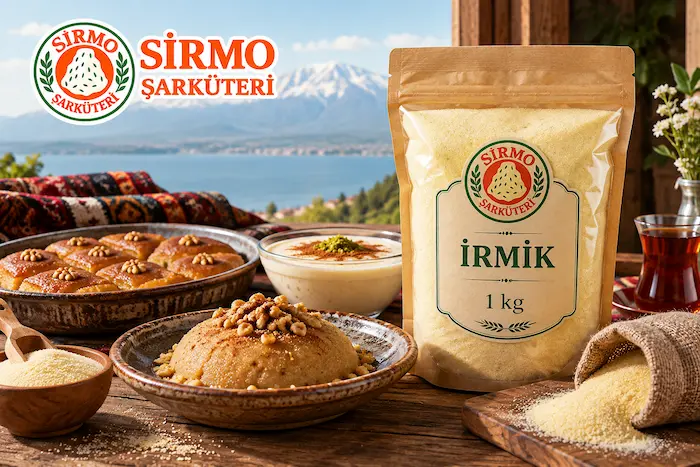 Sirmo Şarküteri İrmik 1 Kg ve geleneksel mutfak ürünlerinin bulunduğu doğal sofra sunumu