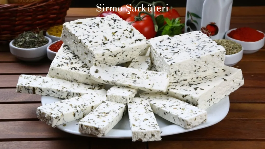 Domates ve yeşillikler ve baharatlar ile sunulmuş bir beyaz tabakta Van Otlu Peyniri